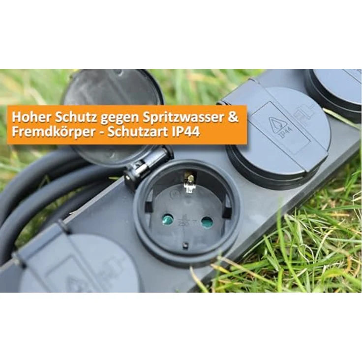 ChiliTec 4-Fach Steckdosenleiste Aussensteckdose mit 10m Kabel, IP44, 4 Schutzkontaktsteckdosen, Klappdeckel, Schwarz, 230V, 16A – Bild 4