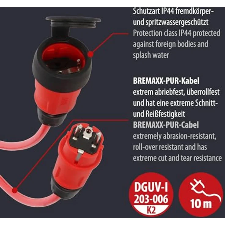 Brennenstuhl Verlängerungskabel 9161100210, 10 m H07BQ-F, schwarz/rot, 16 A, UV-beständig, spritzwassergeschützt, für Outdoor-Einsatz – Bild 3