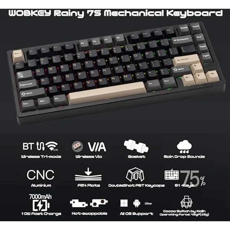 CutiePcs WOBKEY Rainy 75, Mechanische Tastatur mit Aluminiumgehäuse, HMX/JWK Switches, A-RGB Beleuchtung, Kabelgebunden & kabellos (Pro - Schwarz) – Bild 3
