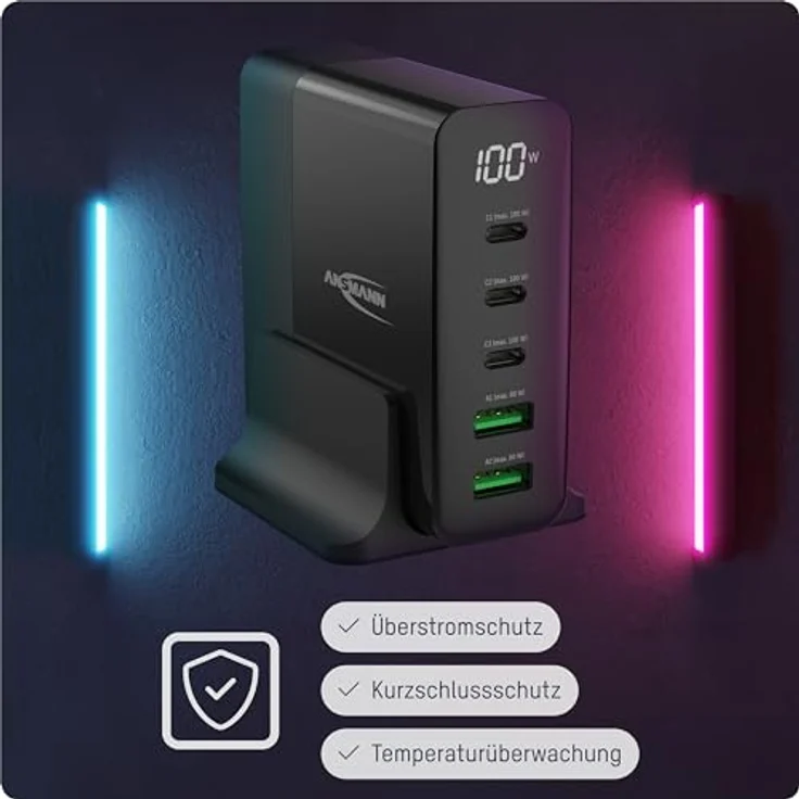ANSMANN 5-Port USB Ladegerät mit bis zu 140 W/Power Delivery und Quick Charge 3.0 - Smart IC Technologie, integriertes Display, 5 starke Ports - ideal für Smartphone, Tablet, Tischventilator, LED-Geräte, etc. – Bild 3