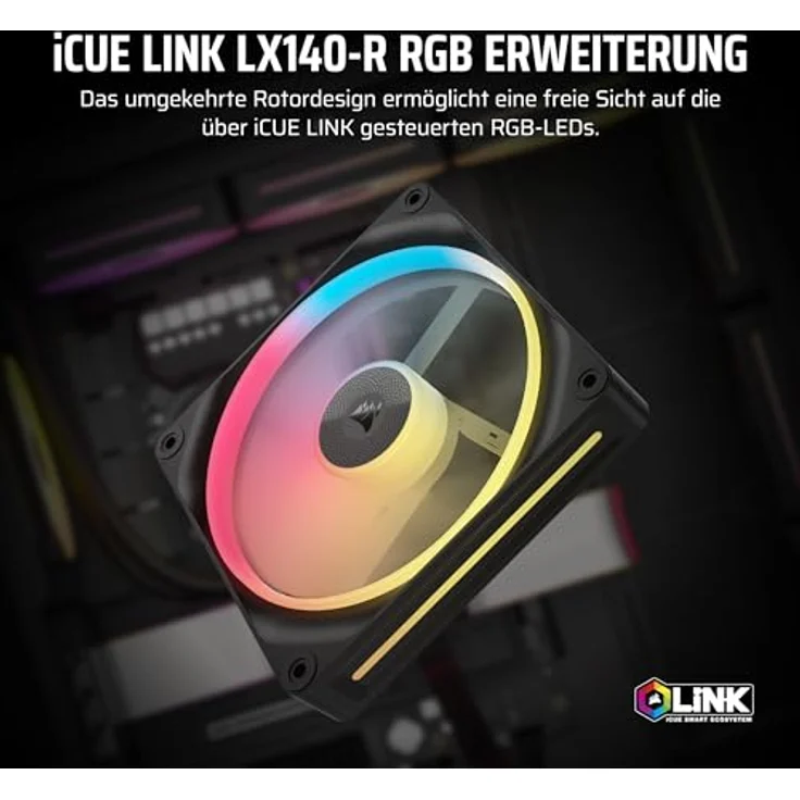 CORSAIR iCUE LINK LX140-R RGB 140mm PWM-Umkehrlüfter – Schwarz, Geräuscharm, Magnetische Kuppellagerung, Zwei Lichtschleifen, QuikTurn™-Schrauben, Null-Drehzahl-Modus – Bild 2