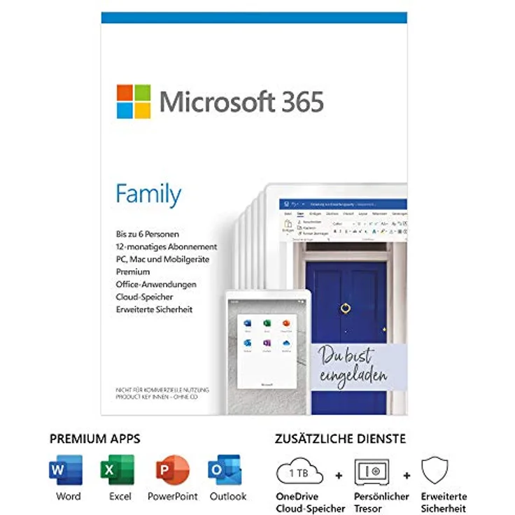 Microsoft 365 Family | 6 Nutzer | Mehrere PCs/Macs, Tablets und mobile Geräte | 1 Jahresabonnement |Box