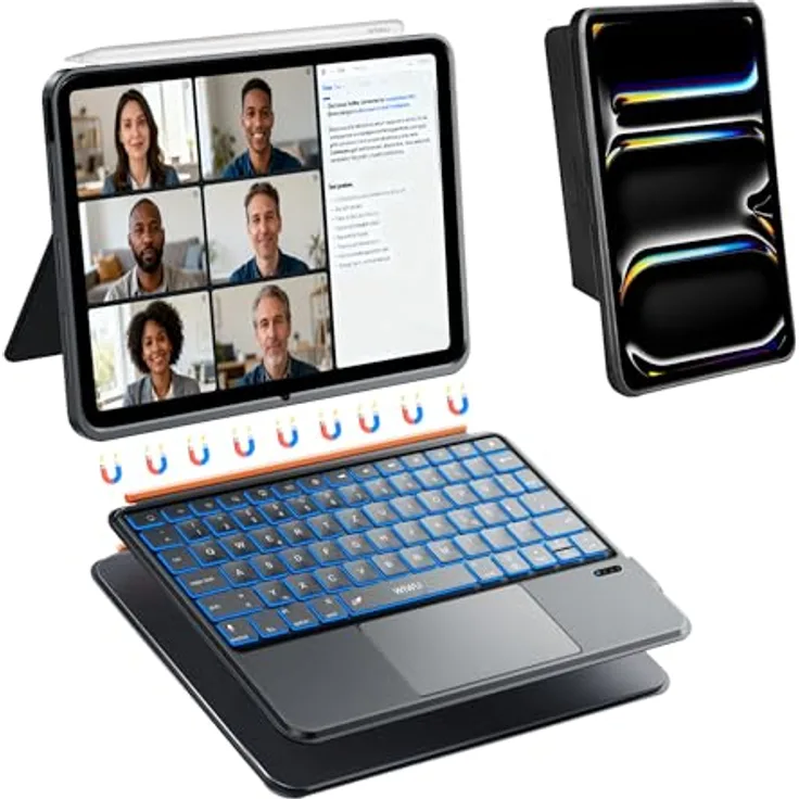 WIWU iPad Pro 11 Hülle mit Tastatur, 3 in 1 Magnetische Abnehmbare Tasche, Beleuchtete Tasten und Touchpad, Schwarz für iPad Pro 11" (M4/M5 2024/2025)