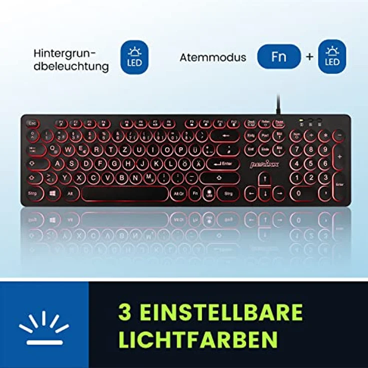 Perixx PERIBOARD-317R Kabelgebundene USB-Tastatur mit Hintergrundbeleuchtung – Großbuchstaben – dreifarbig beleuchtete LED – stilvolle runde Tastenkappen – DE QWERTZ-Layout, schwarz – Bild 3