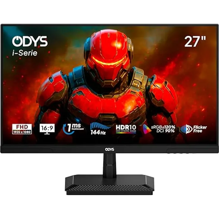 ODYS i27-F-144 Gaming Monitor, 27 Zoll Full HD (1920x1080), 144 Hz, 1ms, IPS-Panel, Adaptive Sync, HDR10, 120% sRGB, HDMI 2.1, DisplayPort, Flicker-Free
