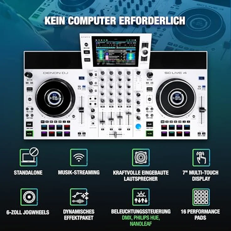 Denon DJ SC LIVE 4 WHITE, Standalone DJ-Controller mit 4-Decks, WLAN-Streaming, eingebauten Lautsprechern und Serato DJ & Virtual DJ kompatibel – Bild 2