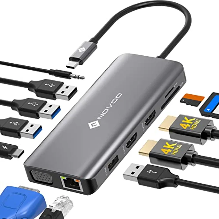 NOVOO Doc USB C 12-in-1 Multiport Hub mit Dual HDMI 4K, VGA, USB, PD 100W, RJ45 LAN, Kartenleser SD/Micro SD Dockingstation für MacBook Pro Air