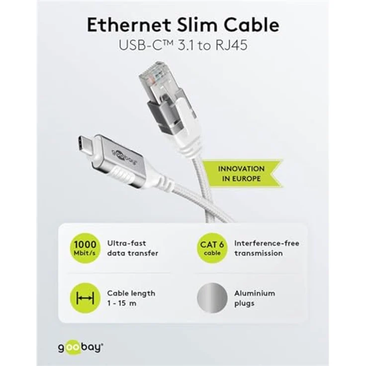 Goobay Ethernet-Kabel USB-C 3.1 auf RJ45 Slim, 10 m, CAT 6, weiße Baumwollummantelung, 1 Gbit/s Übertragungsrate – Bild 9