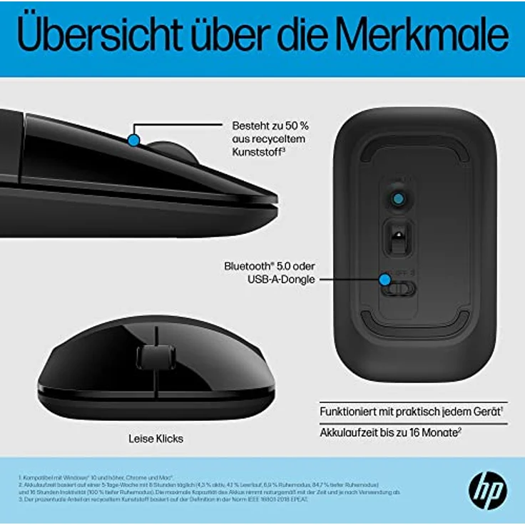 HP Z3700 kabellose Maus | 1200 optische Sensoren | bis zu 16 Monate Batterielaufzeit | 2.4 GHz oder Bluetooth Verbindung | Plug&Play | Schwarz – Bild 2