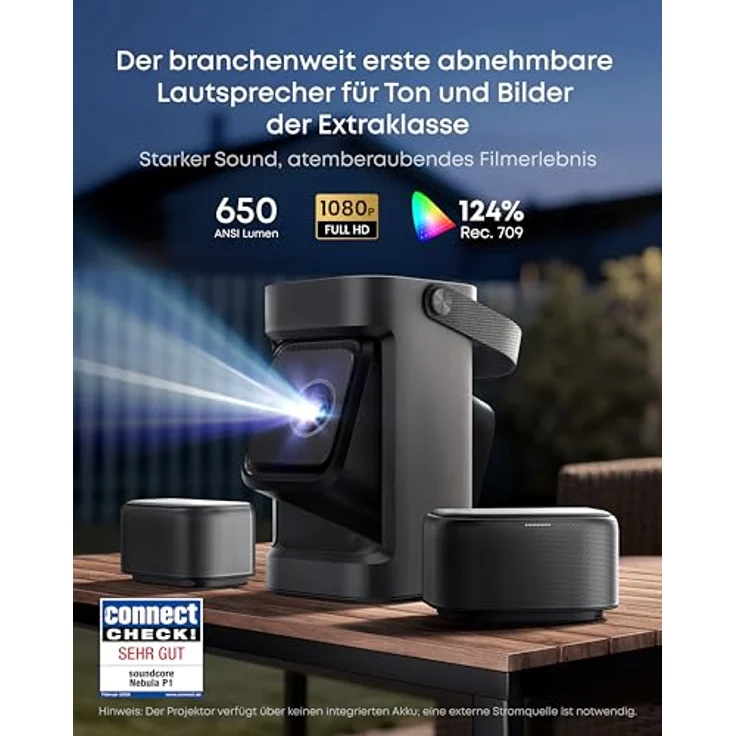 soundcore Nebula P1, Mobiler Beamer mit 650 ANSI Lumen, 1080p, abnehmbarem Lautsprecher, Dolby Audio, 2.0 Surround Sound und Google TV – Bild 2