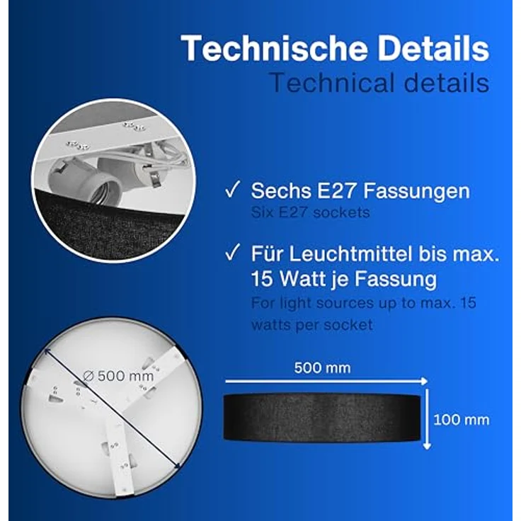 REV Deckenleuchte - Deckenlampe rund 50cm mit Stoff-Lampenschirm im Vintage-Look, ideal für Schlafzimmer & Wohnzimmer, schwarz – Bild 5