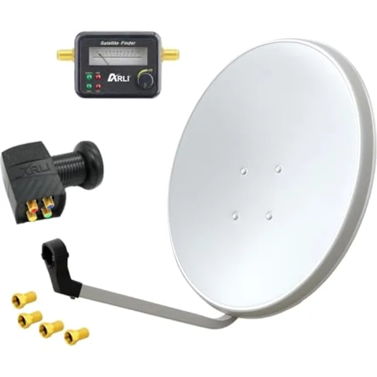 ARLI 60cm HD Satellitenantenne Quad LNB, inkl. Satfinder und 4 F-Steckern, lichtgrau, für 2 Teilnehmer, UHD 4K