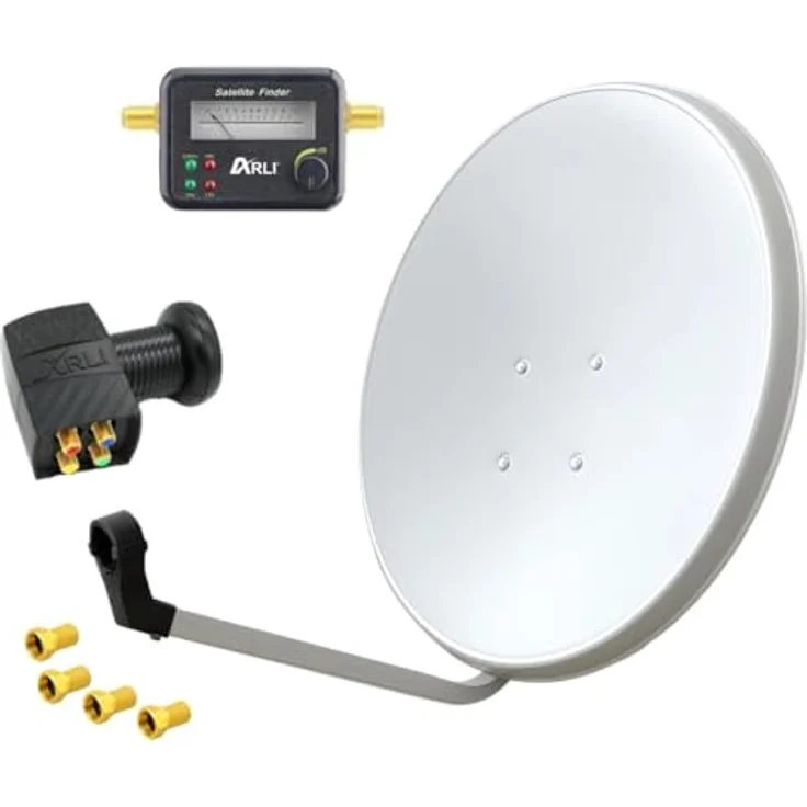 ARLI 60cm HD Satellitenantenne Quad LNB, inkl. Satfinder und 4 F-Steckern, lichtgrau, für 2 Teilnehmer, UHD 4K – Bild 1