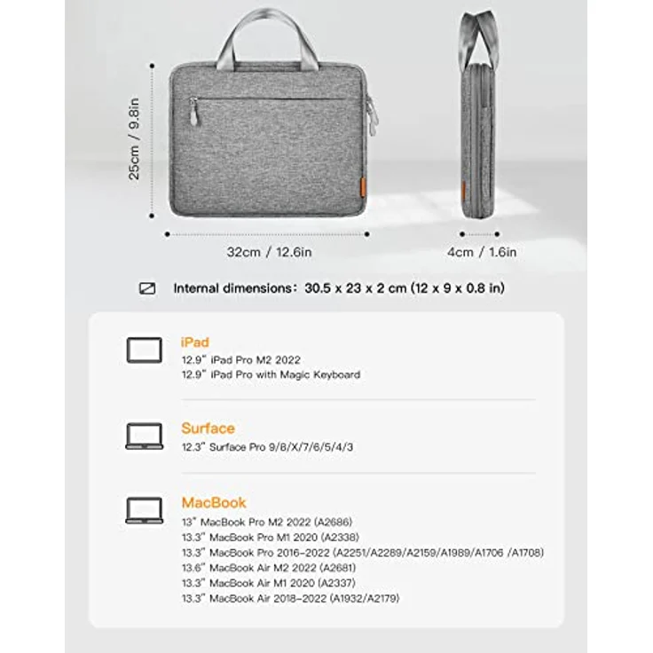 Inateck Laptoptasche Hülle kompatibel mit iPad Pro 12.9 M2 2022 M1 2021, MacBook Pro 13 M2/M1 2022-2016, MacBook Air 13 M2/M1 2022-2018, Surface Pro 9/X/8/7/6/5/4/3 12.3 Zoll – Bild 2
