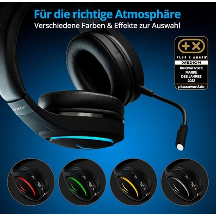 MEDION ERAZER Mage X10 Wireless Gaming Headset, Over Ear mit RGB-Beleuchtung, integriertem Akku und Mikrofon, 40 mm Lautsprecher, USB und 3,5 mm Anschluss – Bild 2
