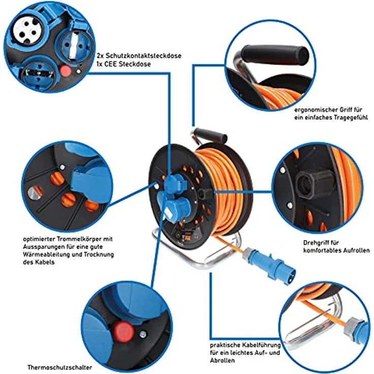 KALLE DAS KABEL Kabeltrommel Camping CEE-Campingkabeltrommel Wohnmobil-Kabeltrommel H07BQ-F 3G 2,5mm² EXTREME SIGNAL 25 Meter Orange Kabeltrommel + Anschlussleitung 1,5m + Adapterleitung – Bild 3