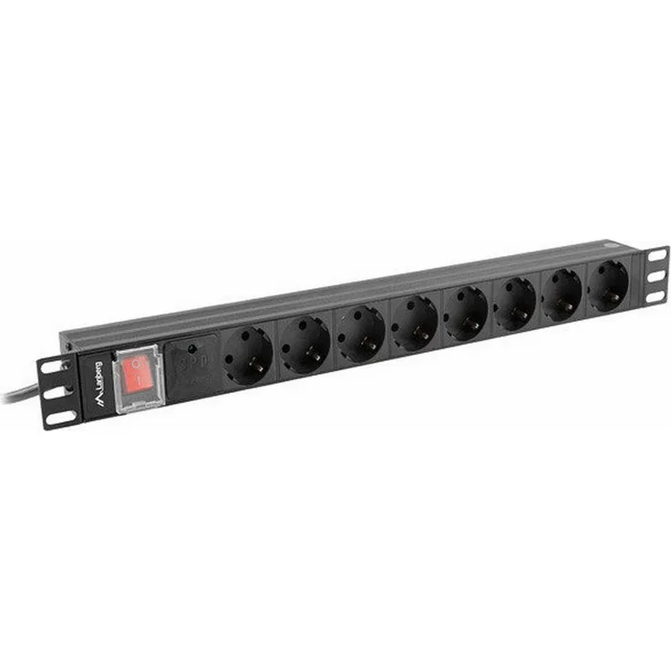 Lanberg PDU-08F-0200-BK, Schuko 19" Steckdosenleiste mit 8 Anschlüssen, schwarz, 2 m Kabellänge, Überlastungsanzeige, Aluminiumgehäuse