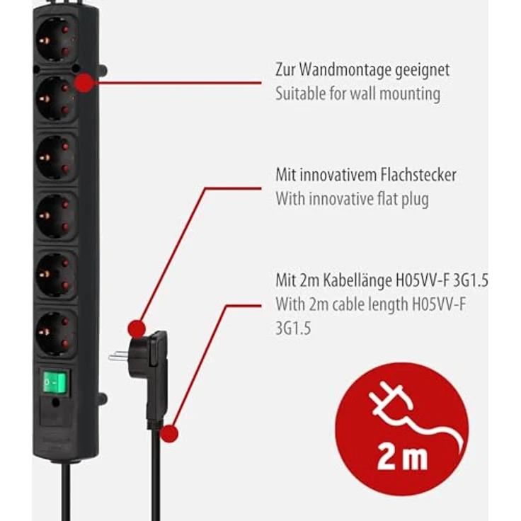 Brennenstuhl Comfort-Line Plus, Steckdosenleiste 6-fach (mit Flachstecker, Schalter, 2m Kabel und extra breite Abstände der Steckdosen) schwarz – Bild 3