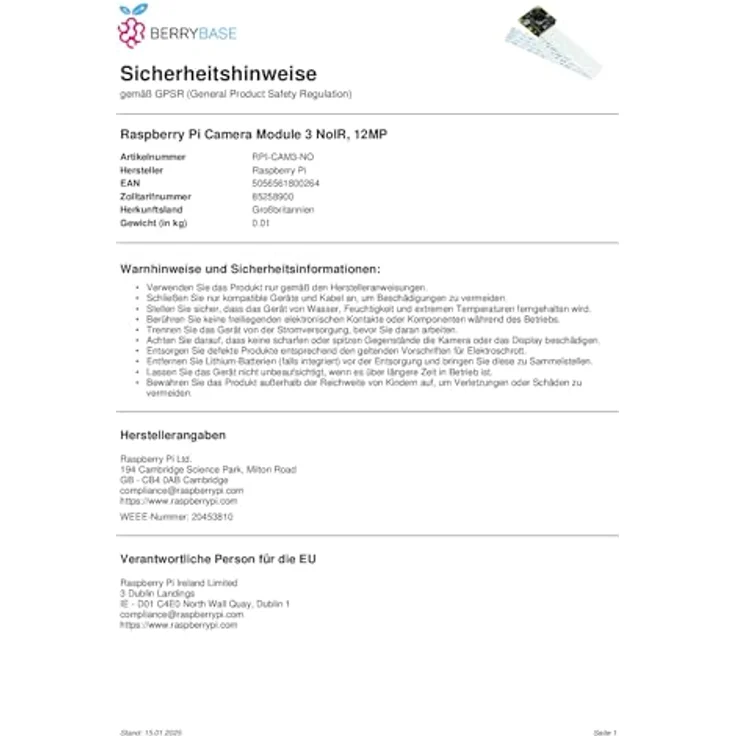 Raspberry Pi Camera Module 3 Noir 12MP, NoIR Art.-Nr.  – Bild 3