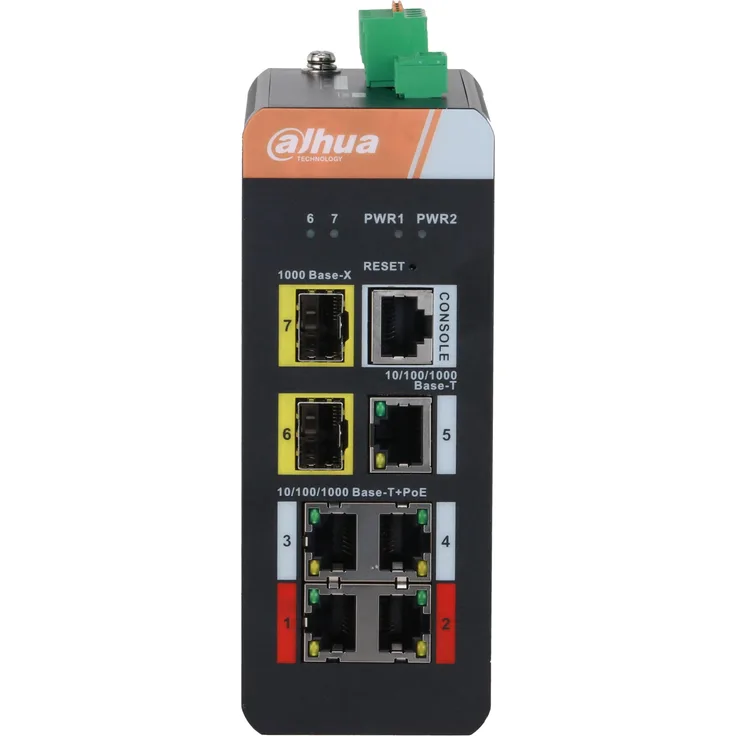 Dahua DH-PFS4207-4GT-DP, 7-Port Managed Industrial Gigabit Switch mit 4-Port PoE und robustem Design für industrielle Anwendungen