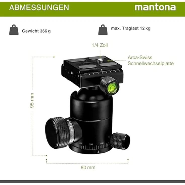 Mantona Onyx 12 Kugelkopf (M1-3612A) Arca-Swiss kompatible Schnellwechselplatte 50 mm, professionelle Verarbeitung für DSLR, spiegellose Kamera, Systemkamera, Digitalkamera, Camcorder schwarz – Bild 4