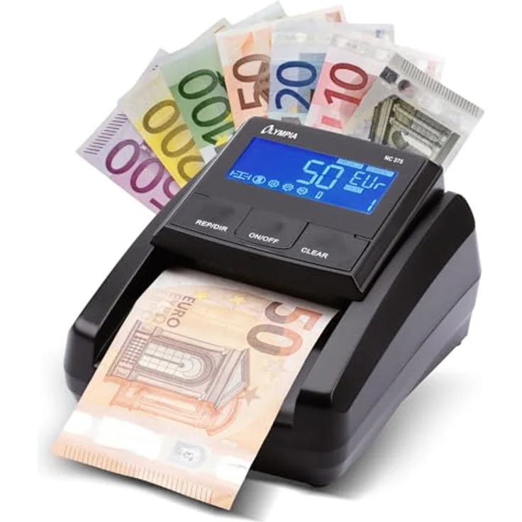 Olympia NC 375 Geldprüfgerät, Geldscheinprüfer mit IR, MG, UV Sensoren, Geldzähler für Euro, Dollar, Pfund, hohe Prüfgeschwindigkeit, kompaktes Design mit LCD Display – Bild 1