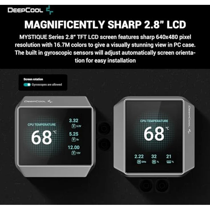 DeepCool MYSTIQUE 240 LCD Wasserkühlung 240mm 5th Gen Pumpe 3400RPM AIO 2.8" 640x480 TFT LCD Bildschirm Anti-Leck Tech FT12 SE PWM Lüfter, Grau und Schwarz – Bild 4