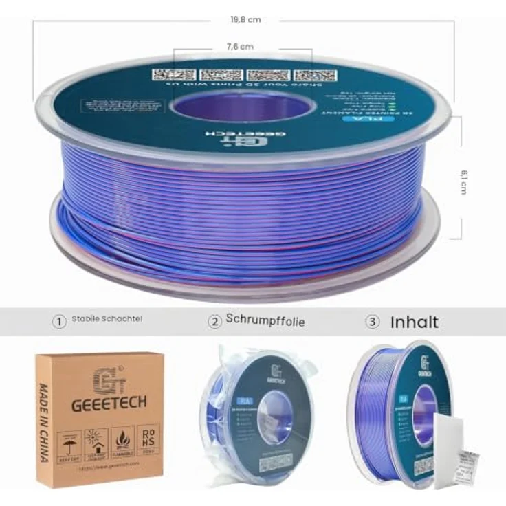 GEEETECH Silk PLA Filament 1,75mm, 3D Drucker Filament 1KG/Spule, zweifarbig Rot Blau mit glänzender Oberfläche und hoher Maßgenauigkeit – Bild 4