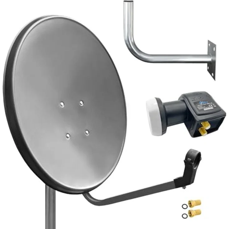 ARLI 60 cm HD Sat-Anlage grau, Twin LNB mit vergoldeten F-Steckern, Wandhalter 45 cm, ideal für Astra 19,2° und Hotbird 13° – Bild 1