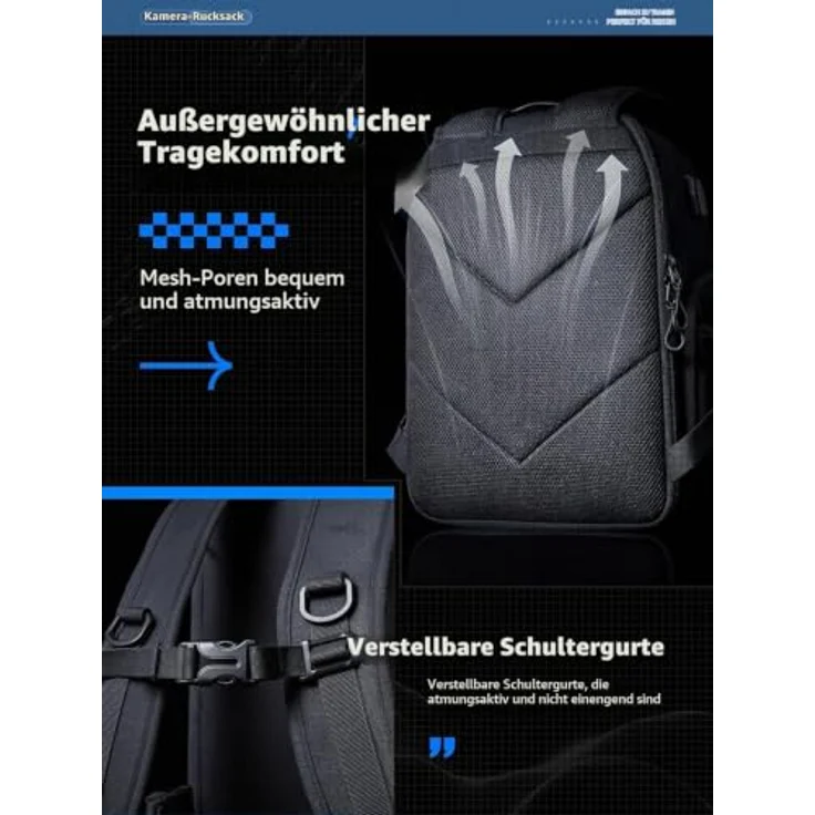 llano Kamerarucksack 20L, Wasserfeste Fototasche für DSLR/SLR mit Laptopfach und Stativhalter, Schwarz – Bild 4
