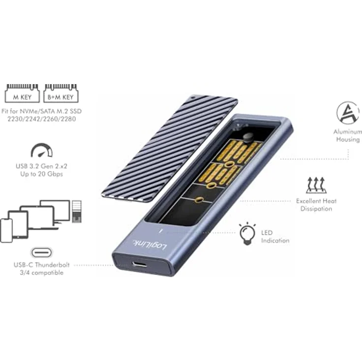 LogiLink UA0435 M.2 Festplattengehäuse, Grau, USB 3.2 Gen 2x2 bis 20 GBit/s, Aluminium, für NVMe/SATA SSDs – Bild 2