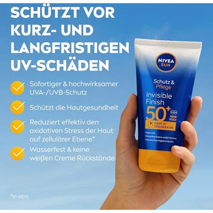 NIVEA SUN Schutz & Pflege Invisible Finish LSF 50+, wasserfester Sonnenschutz mit Hyaluron, schnell einziehende Sonnencreme ohne weiße Rückstände, 150 ml – Bild 2