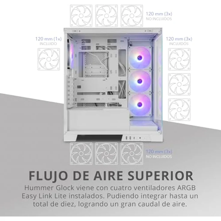NOX Hummer GLOCK ARGB Semitower ATX, gehärtetes Glas, USB-C, weiß, für Gaming, 4x 3,5" und 4x 2,5" Erweiterungseinschübe, mit RGB-Beleuchtung – Bild 4