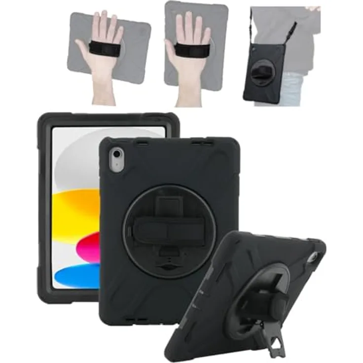 Mobilis Cover mit Schultergurt für iPad 11" 2025 (11. Gen) & iPad 10.9" (10. Gen) - Stoßfeste Schutzhülle mit Anti-Fall-Griffband und drehbarem Stativ