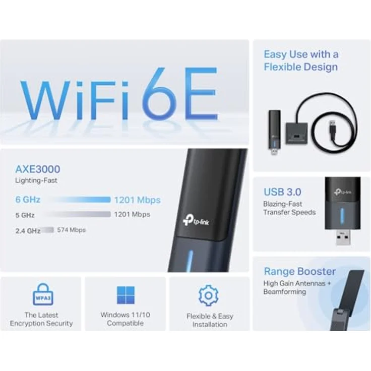 TP-Link Archer TXE50UH Wi-Fi 6E WLAN Stick, AXE3000 Tri-Band Adapter, USB 3.0, MU-MIMO, WPA3, einfache Installation für Windows 11/10 – Bild 4
