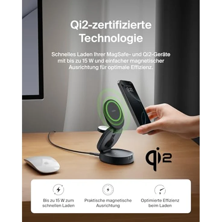 Belkin MagSafe Ladegerät 3-in-1 Ladestation, kabellos 15-W für iPhone 16, Apple Watch und AirPods, Qi2-zertifiziert, klappbar, inkl. 36-W-Netzteil – Schwarz – Bild 4
