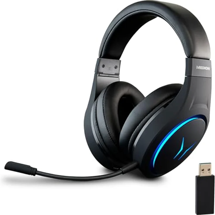 MEDION ERAZER Mage X10 Wireless Gaming Headset, Over Ear mit RGB-Beleuchtung, integriertem Akku und Mikrofon, 40 mm Lautsprecher, USB und 3,5 mm Anschluss – Bild 1