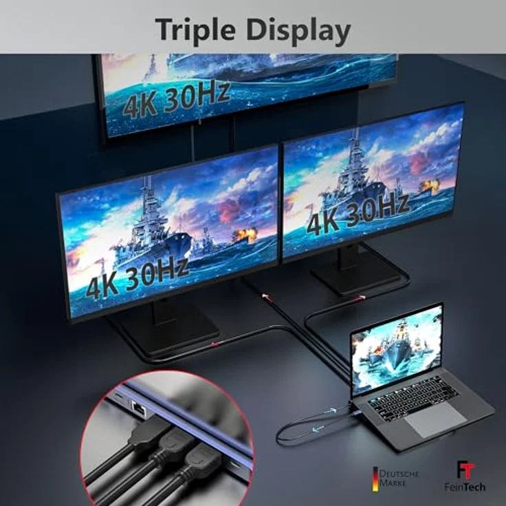 FeinTech CX301 USB-C Dockingstation 12-in-1 Triple Display mit 4K 60Hz, 2x HDMI, 1x DisplayPort, Gigabit Ethernet, 100W Power Delivery – Bild 5