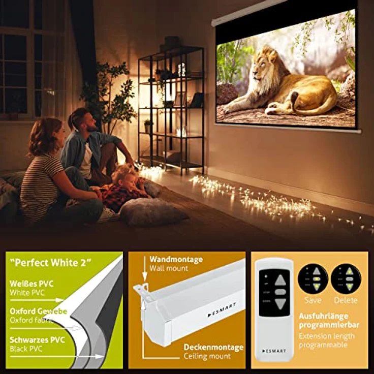 Esmart Professional Mimoto Motor-Leinwand, 332X187cm (150 ''''), 16.9, Programmierbare Fernbedienung, Vollmaskierung, Heimkino, elektrische Projektionsleinwand, Motor Leinwand, LCD – Bild 3