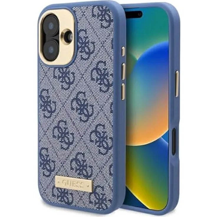 CG MOBILE Guess GUHMP16MU4GPRB Hülle für iPhone 16 Plus 6.7", Hardcase aus TPU/PC/Kunstleder, Blau, 4G Logo Plate