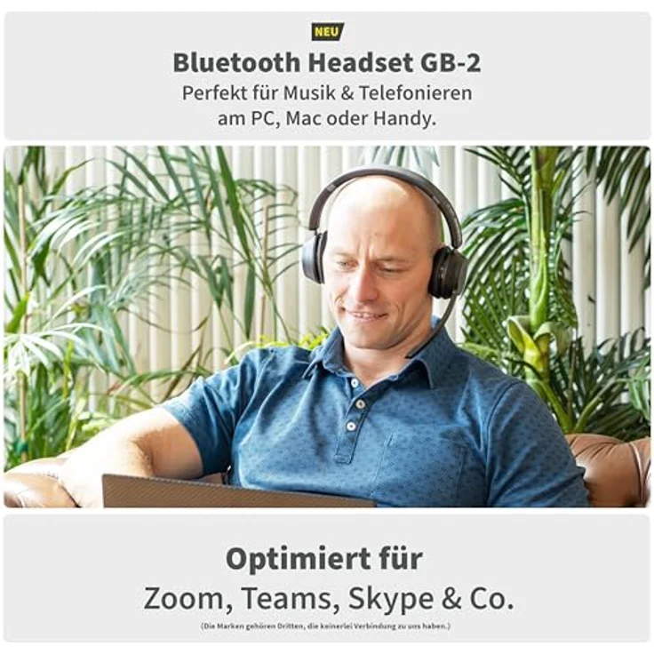 GEQUDIO GB-2 Bluetooth Headset mit Mikrofon, passives Noise Cancelling, kabellos, 2 Geräte gleichzeitig verbinden, Standby 500h (mit USB-Adapter), Wireless – Bild 2