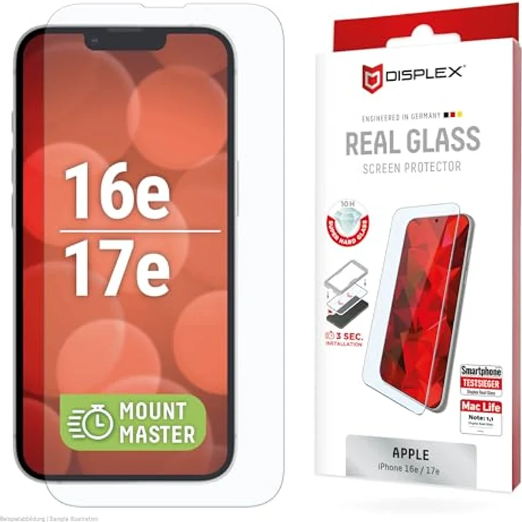 Displex Real Glass Displayschutz für Apple iPhone 16e/17e, Transparent, Glänzend, blasenfreie Montage mit Montagerahmen – Bild 1