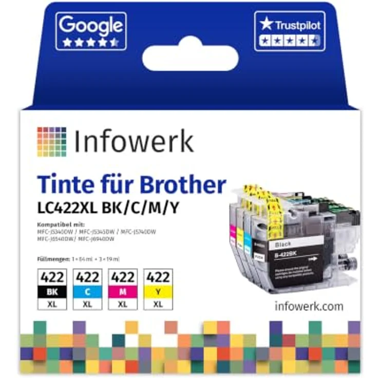 Infowerk LC422XL Tintenpatrone, 3-tlg. Set in Schwarz, Cyan, Magenta und Gelb, hohe Seitenleistung und brillante Farbwiedergabe – Bild 1