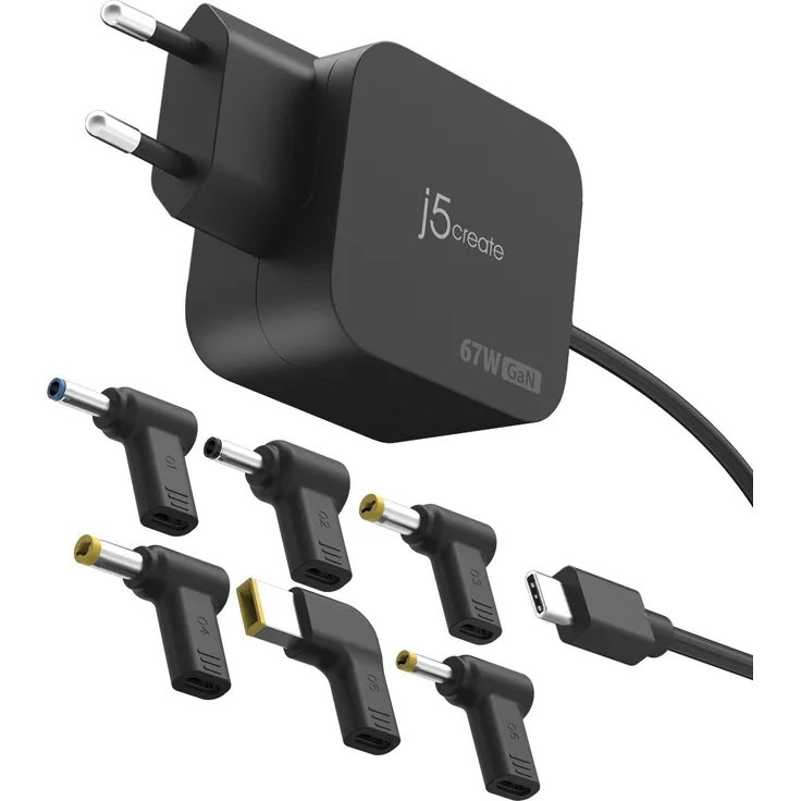 j5Create JUP1565DCE-EN, USB-C Ladegerät mit 67W Leistung, 6 abnehmbaren DC-Adaptern, Schwarz