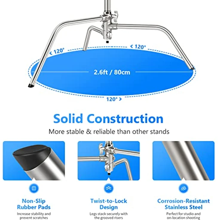 Neewer Pro 100% Metall Max Höhe 10ft / 305cm verstellbarem Reflektor Ständer mit 4 Fuß / 120cm Halter Arm und 2 Griff Kopf für Fotografie Studio-Video-Reflektor, Monolight und andere Ausrüstung – Bild 7