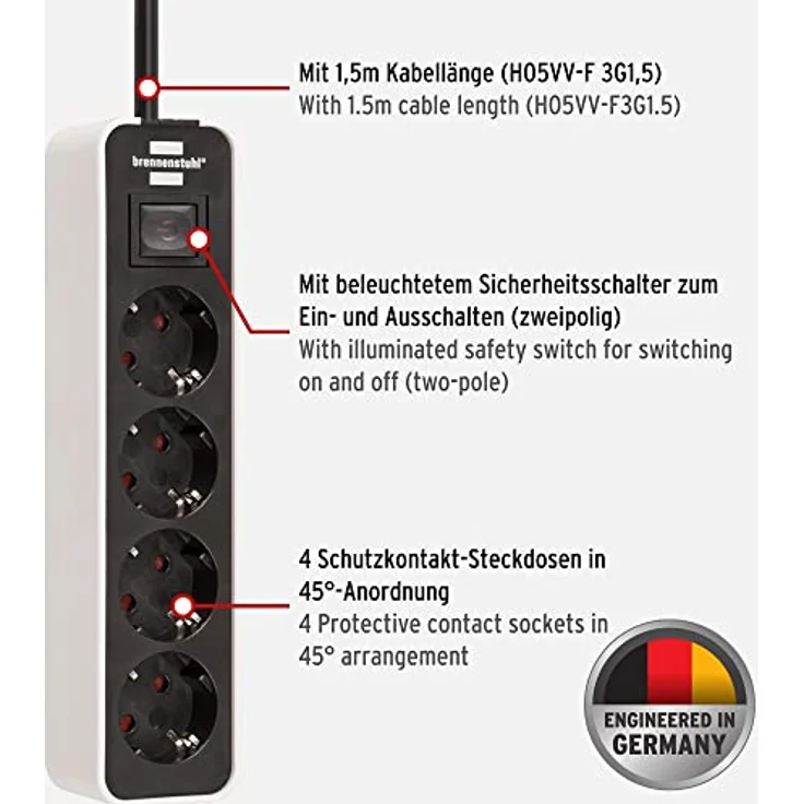 Brennenstuhl Ecolor Steckdosenleiste 4-fach (Steckerleiste mit Schalter und 1,5m Kabel) schwarz-weiß – Bild 2