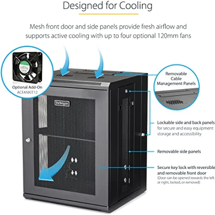 StarTech.com 15HE Wandmontage Server Rack, bis zu 51cm tief, Gehäuse mit Scharnier, Netzwerkschrank, Server Schrank – Bild 3