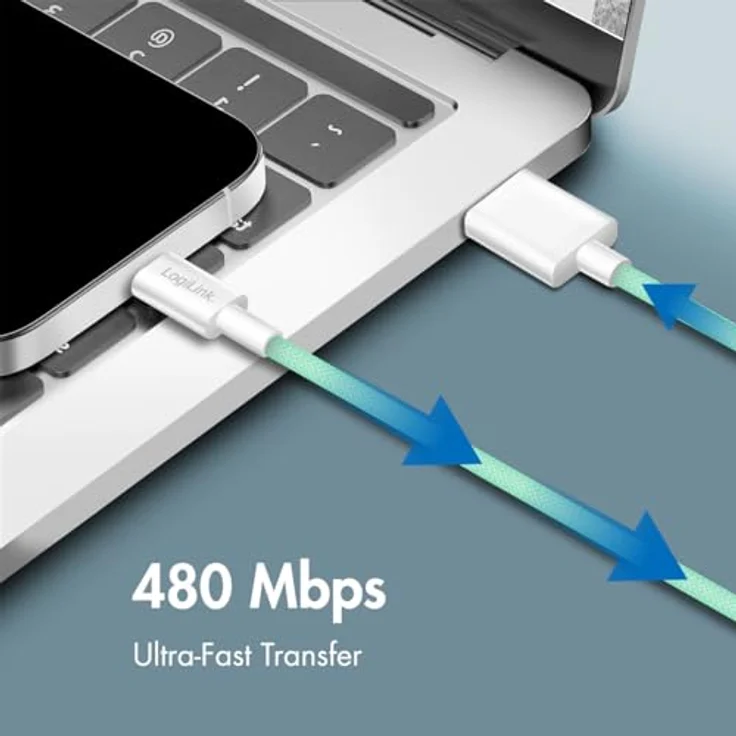 Logilink USB 2.0 Typ-C Anschlusskabel, A zu C, 60W, Nylon-Ummantelung, 1 m, Grün – Bild 4