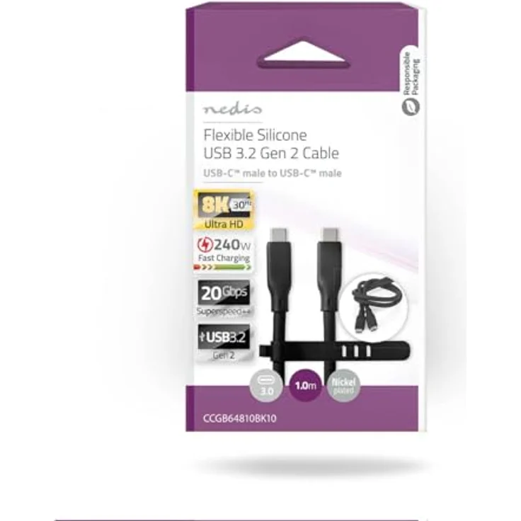 Nedis USB-Kabel USB 3.2 Gen 2, USB-C™ Stecker, 240 W, 8K@30Hz, 20 Gbps, 1.00 m, rund, Silikon, schwarz – Bild 4