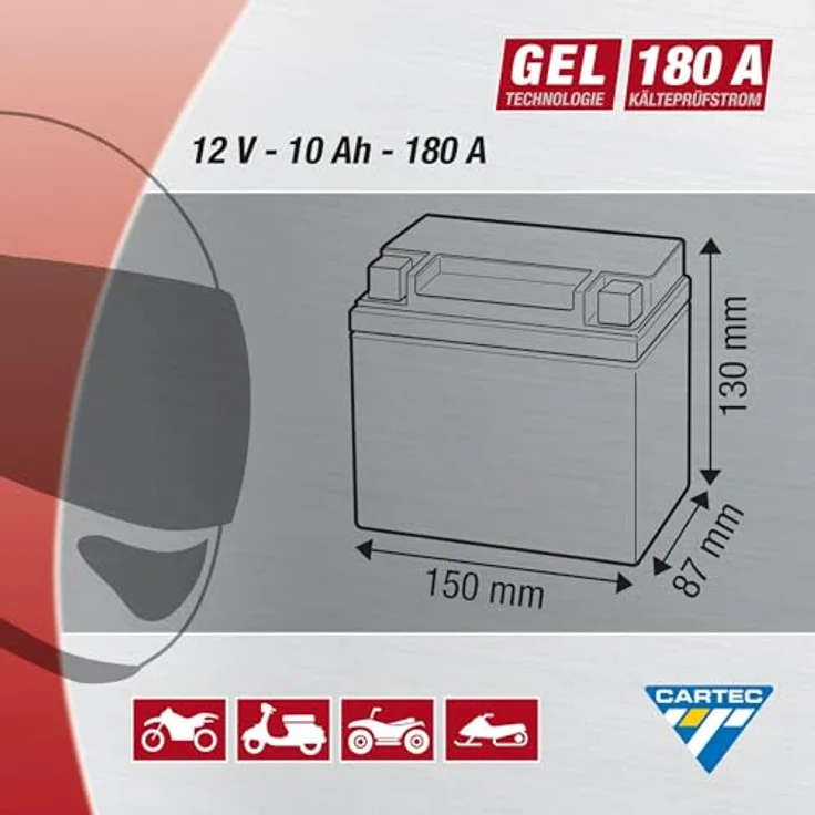 Cartec GEL Batterie YTX12-BS, 12Ah 240A, wartungsfreie Motorradbatterie mit auslaufsicherer Gel-Technologie – Bild 5